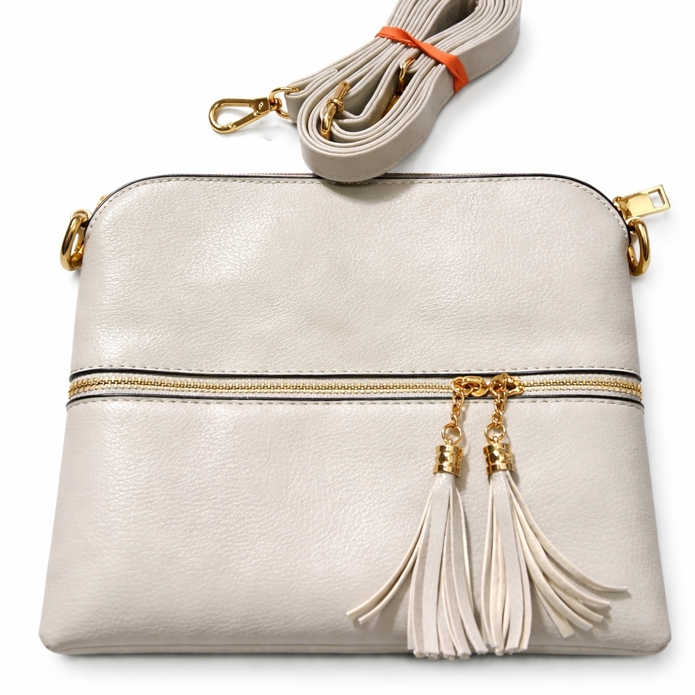 👜✨ Chic Light Gray Crossbody Bag w/ Tassel Zippers & Adjustable Strap ✨👜